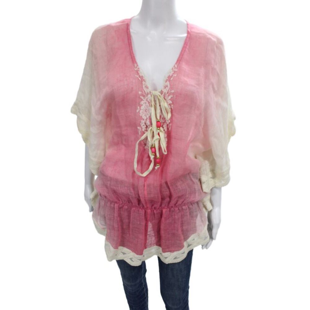 Vanita Rosa Women Boho Linen Tunic Pink Lace Up V-Neck Size One Size